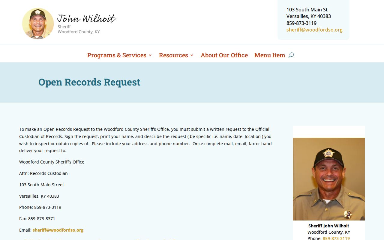 Woodford County Sheriff open records request page